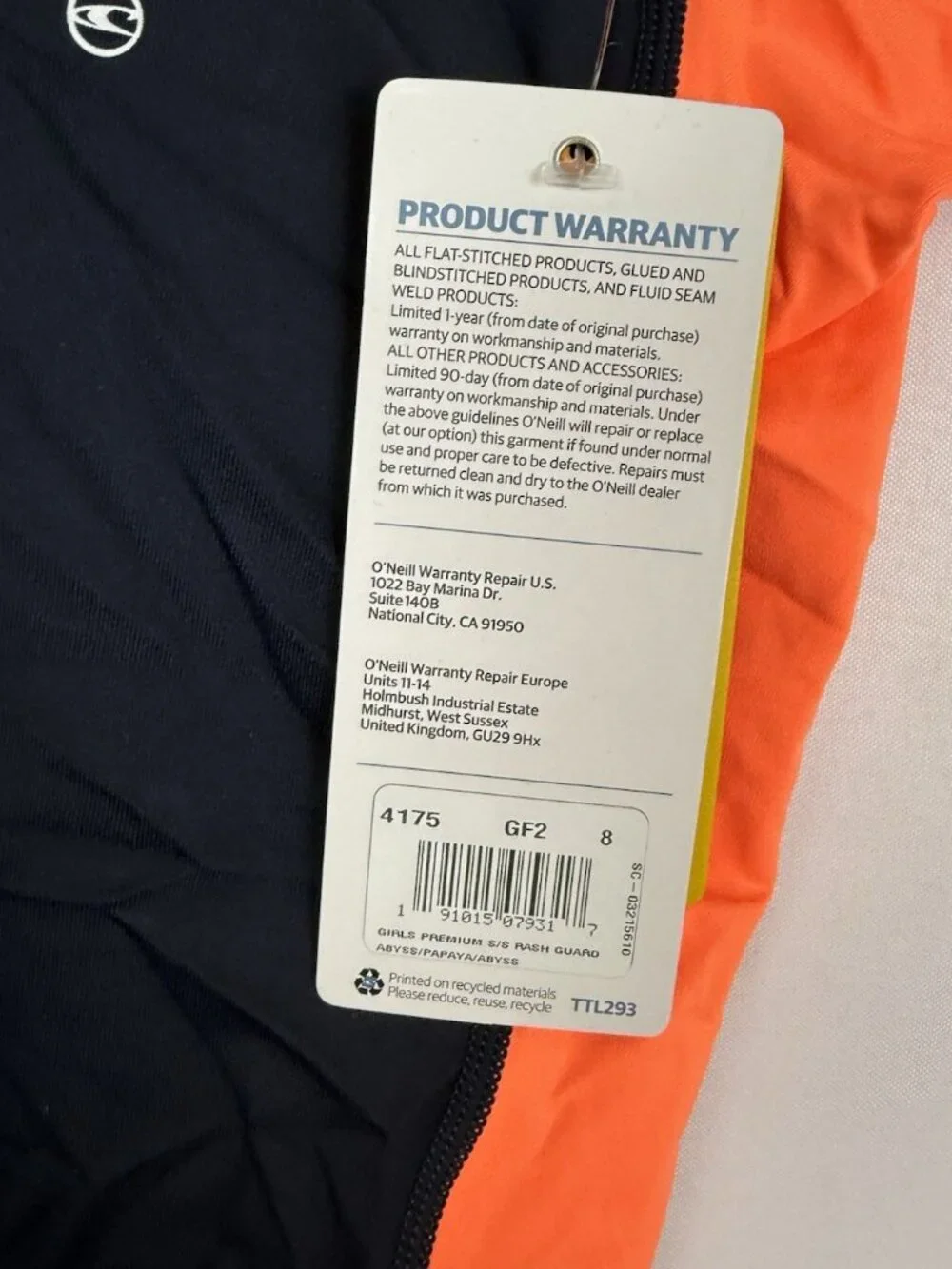 O’Neill Boy’s Black/Orange Rashguard Size 8
